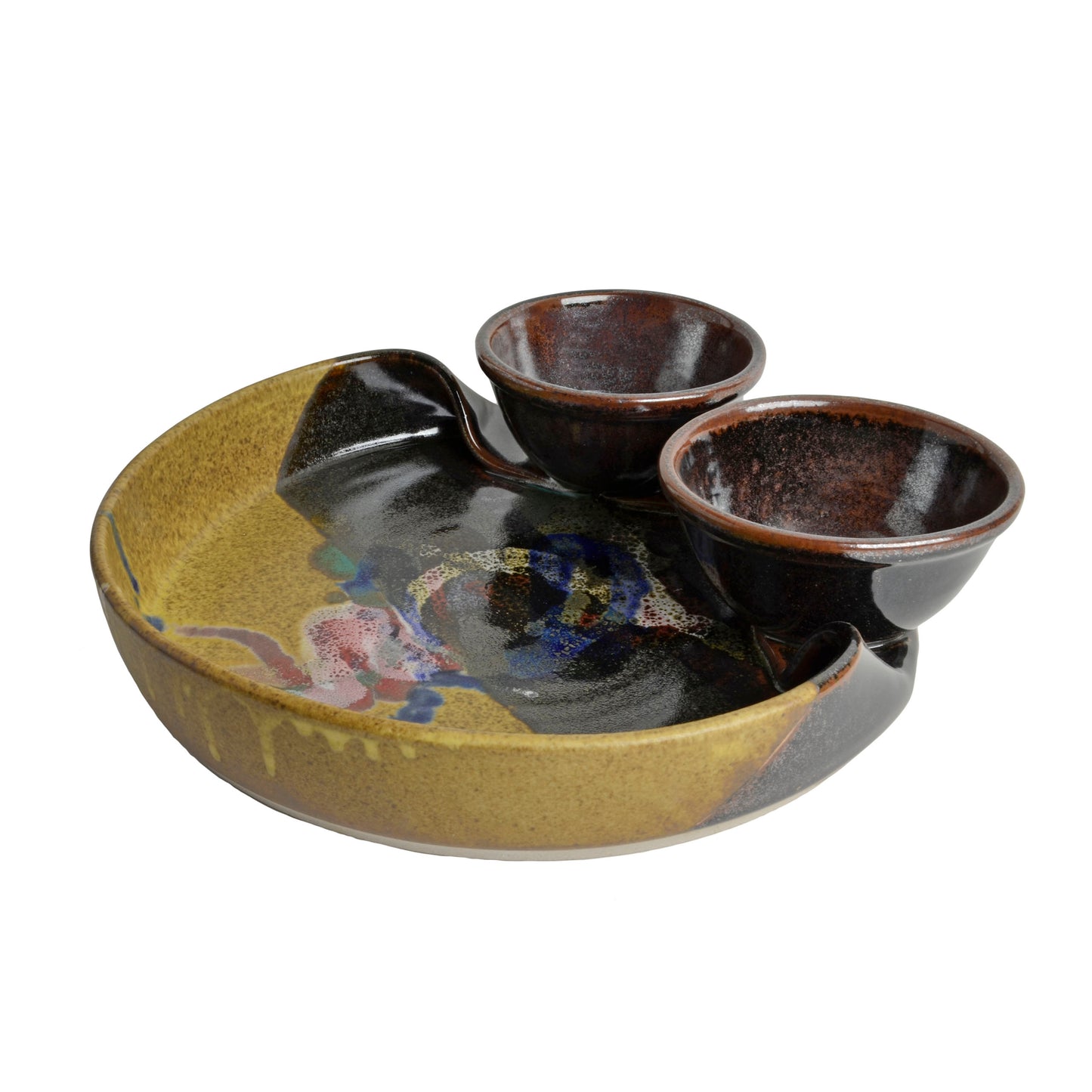 Larrabee Ceramics Double Bowl Chip and Dip Platter, Brown/Multi