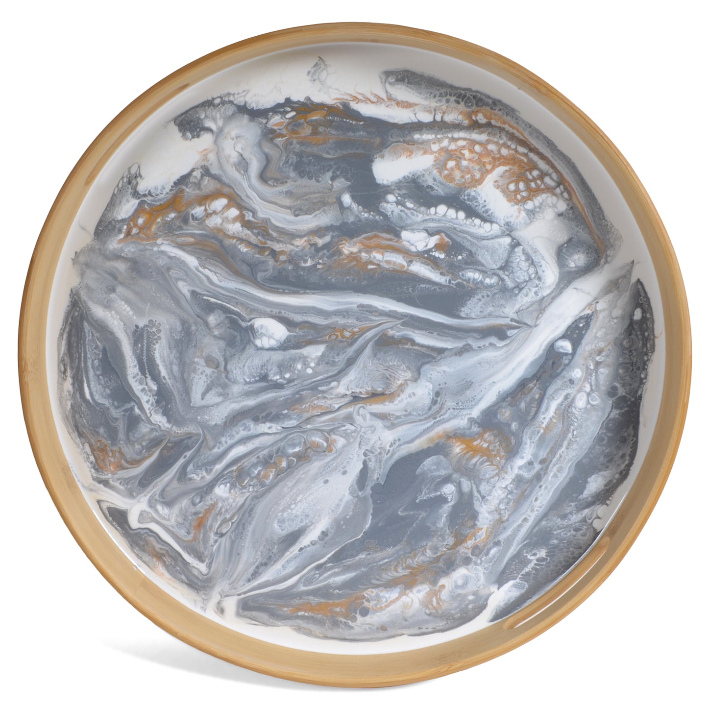 Lynn & Liana Bamboo and Resin 15.5-inch Round Serving Tray, White, Grey, Gold