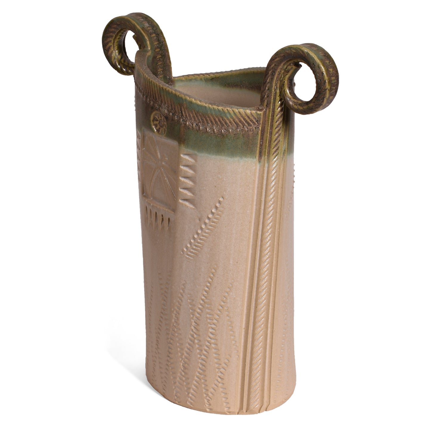 Macone Clay Dragonfly Vase, Handmade American Pottery, Ivory/Green