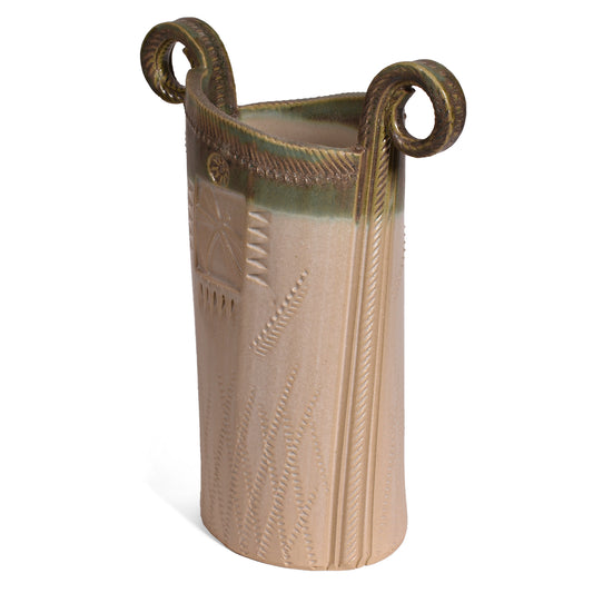 Macone Clay Dragonfly Vase, Handmade American Pottery, Ivory/Green
