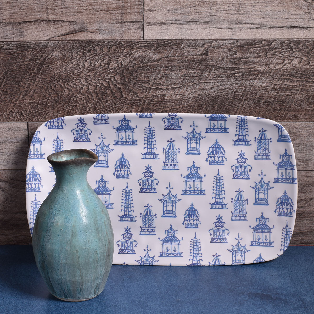 Merritt Chinoiserie 13-3/4" Melamine Serving Tray, Blue/White