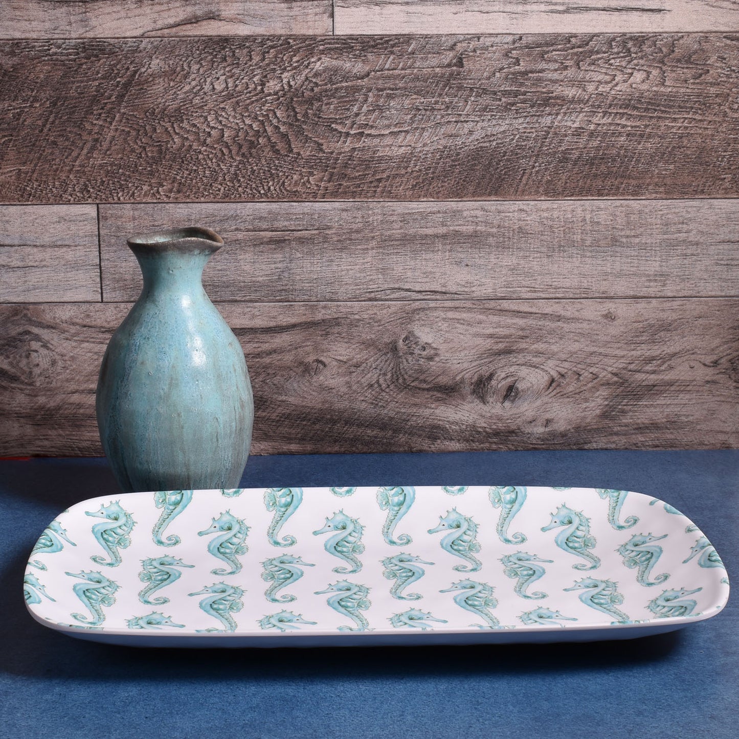Merritt Seahorse 13-3/4" Melamine Serving Tray, Turquoise Trellis