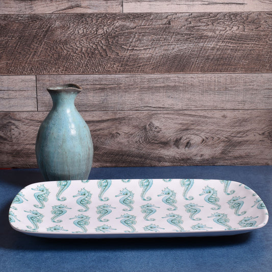 Merritt Seahorse 13-3/4" Melamine Serving Tray, Turquoise Trellis