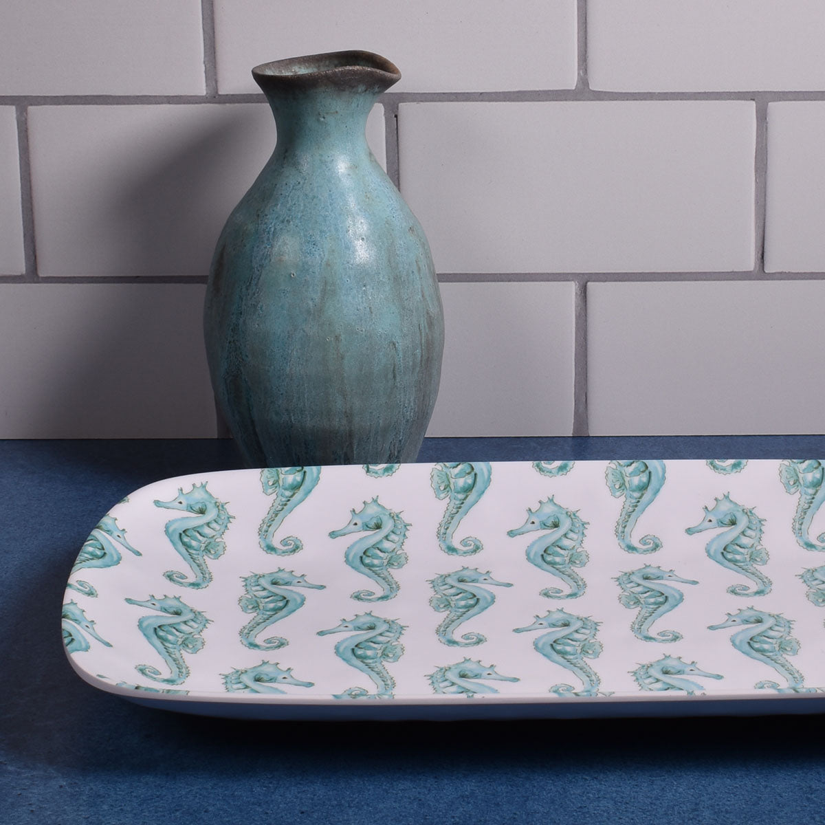 Merritt Seahorse 13-3/4" Melamine Serving Tray, Turquoise Trellis