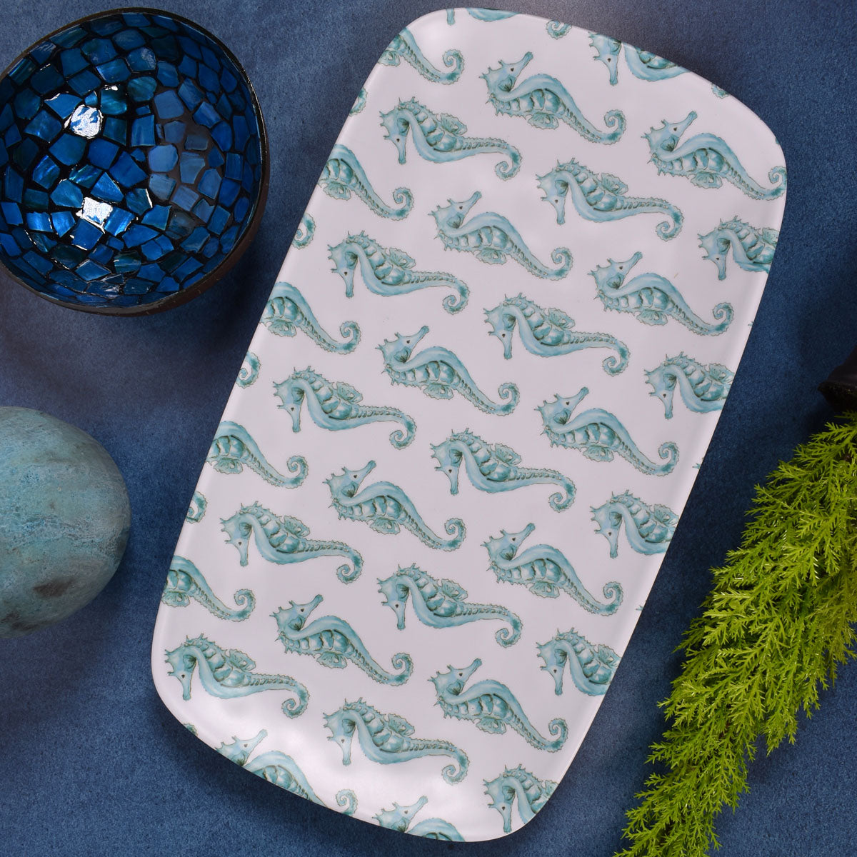 Merritt Seahorse 13-3/4" Melamine Serving Tray, Turquoise Trellis