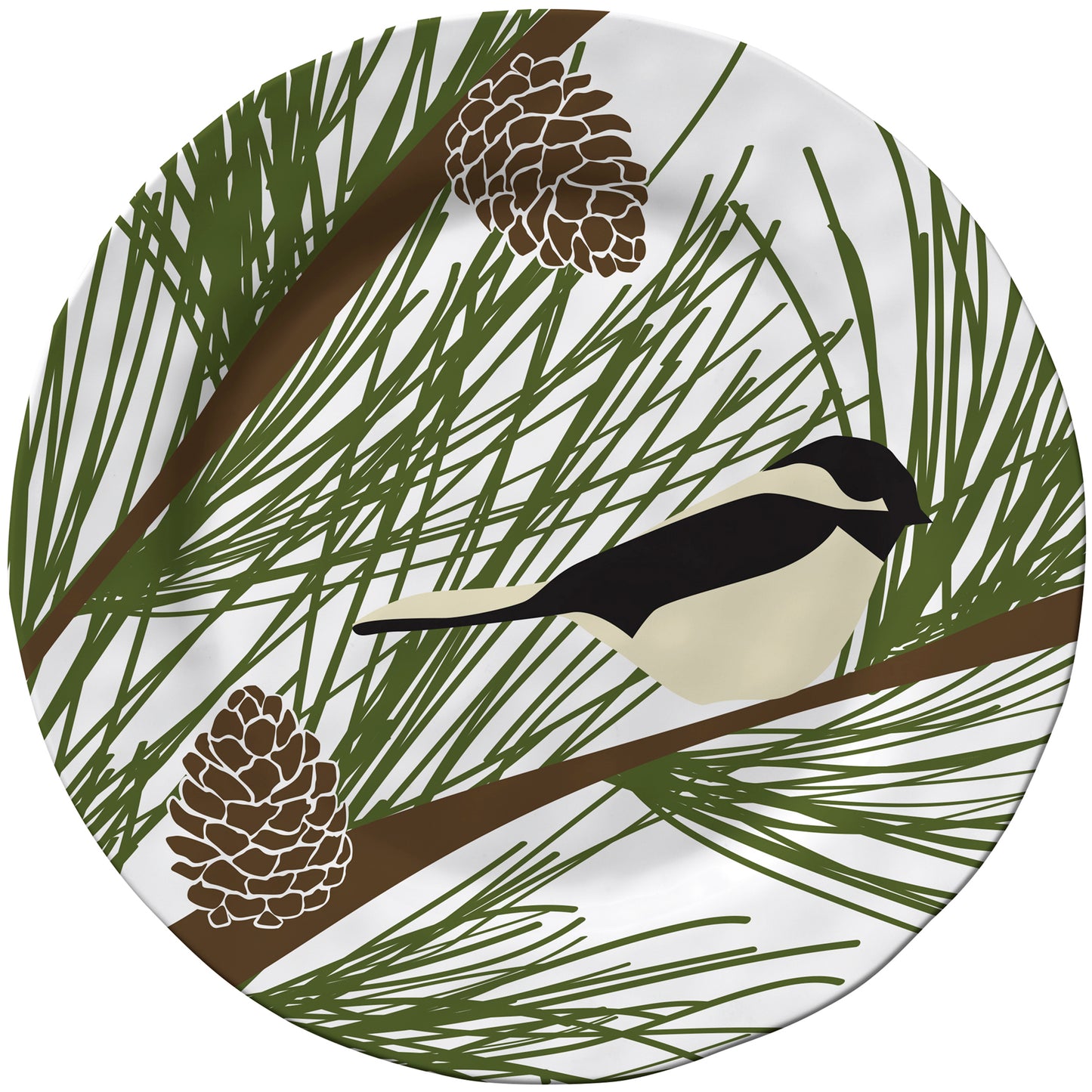 Merritt Chickadee & Pine by Kate Nelligan 11.5-inch Melamine Dinner Plate, Set of 6