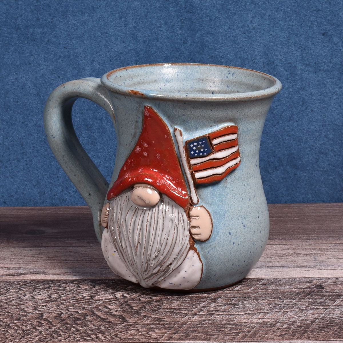 MudWorks Pottery Gnome with American Flag Mug, Blue, Handmade in the USA