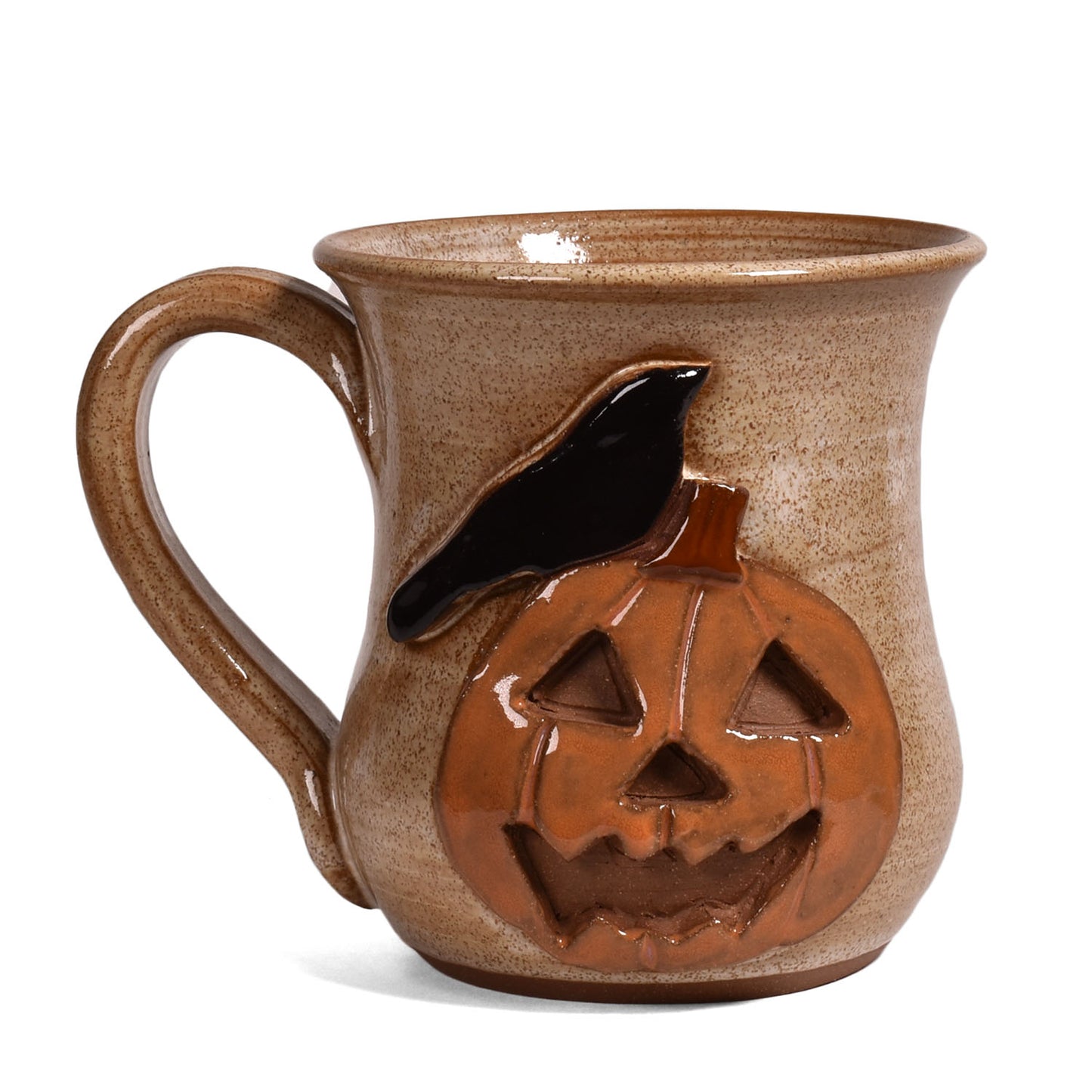 MudWorks Pottery Raven with Carved Pumpkin Mug, Sandstone