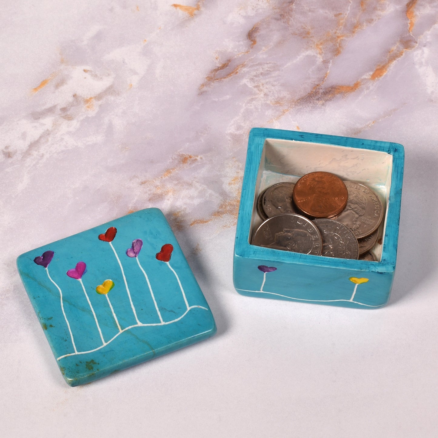 Heart Garden Handcrafted African Soapstone 2 x 2-inch Trinket Box, Aqua Blue