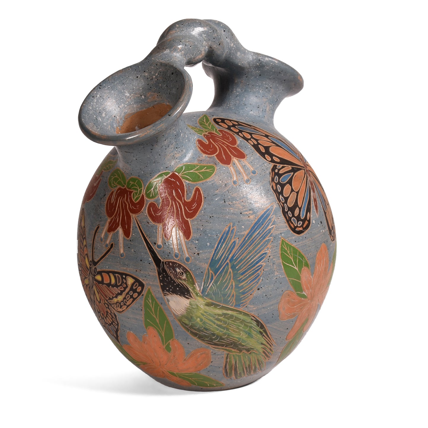 Nicaraguan Pottery 8-inch Garden Life Pledge Pot, Blue/Multi