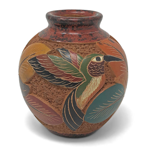 Nicaraguan Pottery 4-inch Mini Carved Vase, Hummingbird