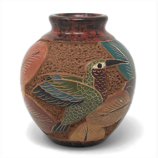 Nicaraguan Pottery 4-inch Mini Carved Vase, Hummingbird