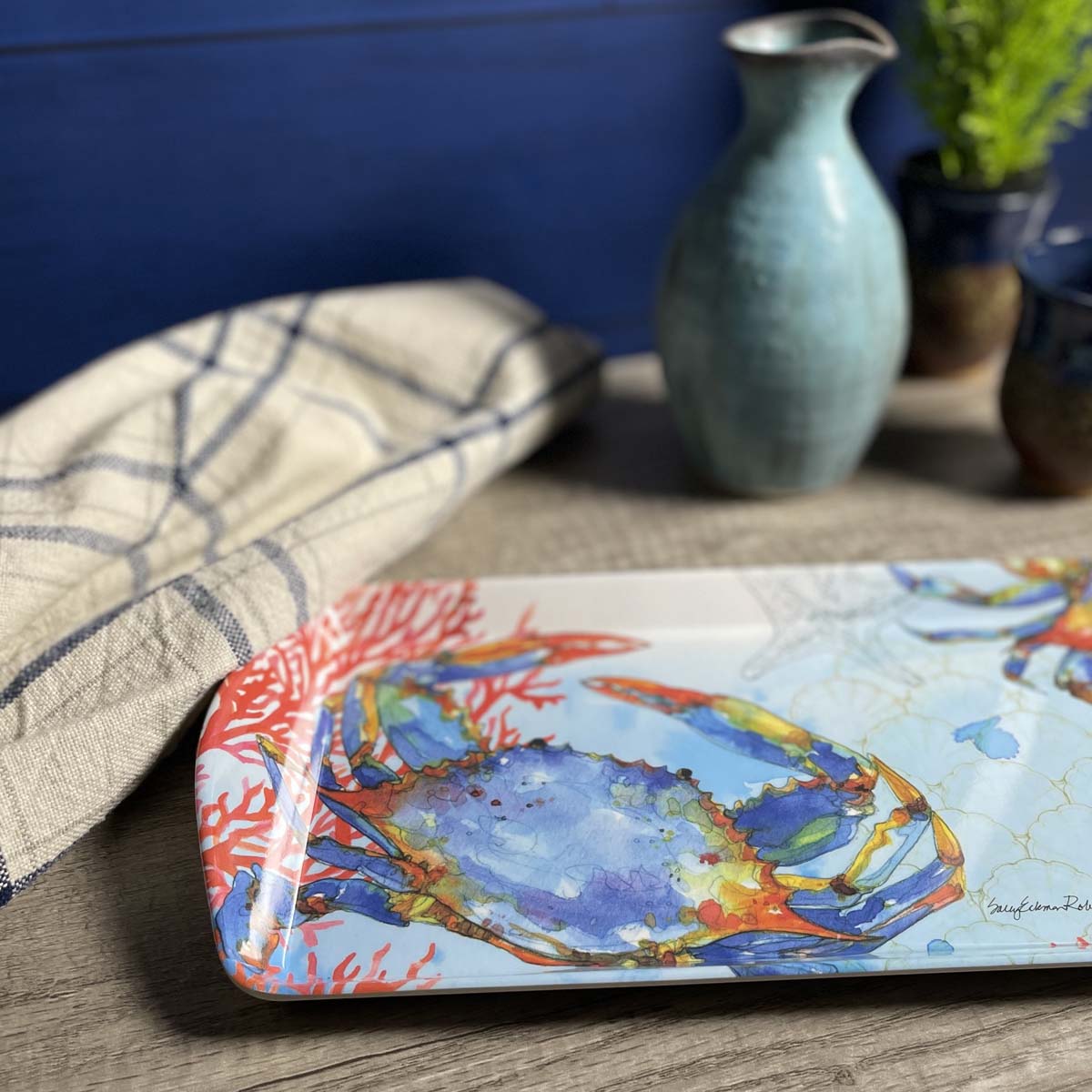 Bamboo Table Oceana Blue Crab 15" x 6" Serving Tray, Made of Eco-Friendly Bamboo Composite