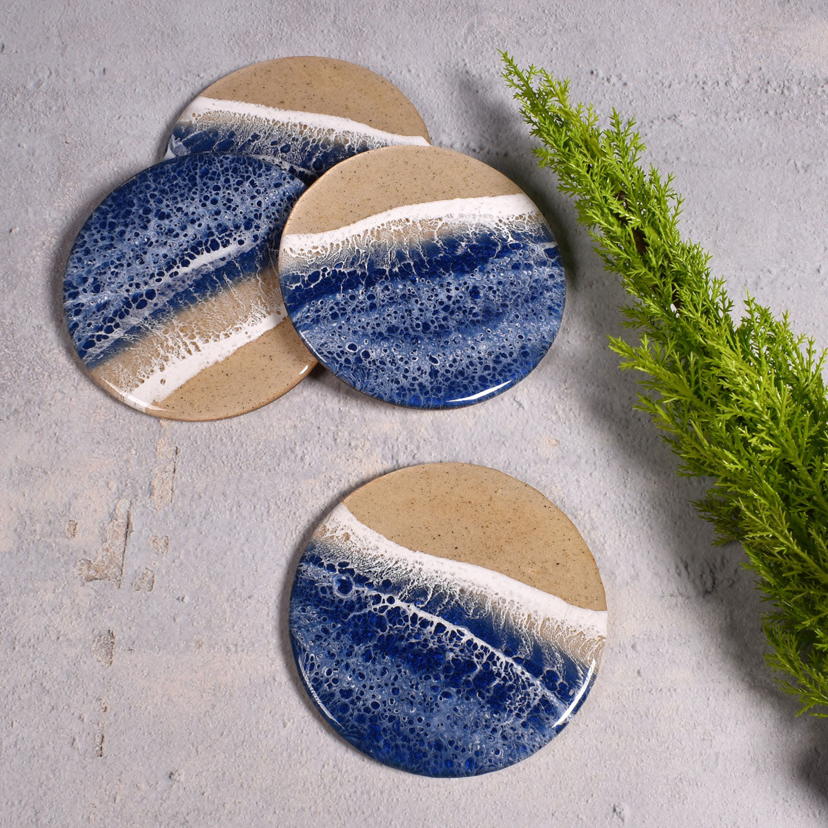 Sea Lion Studio Ocean Wave 4-piece Coaster Set, Deep Ocean Blue, Handmade in the USA