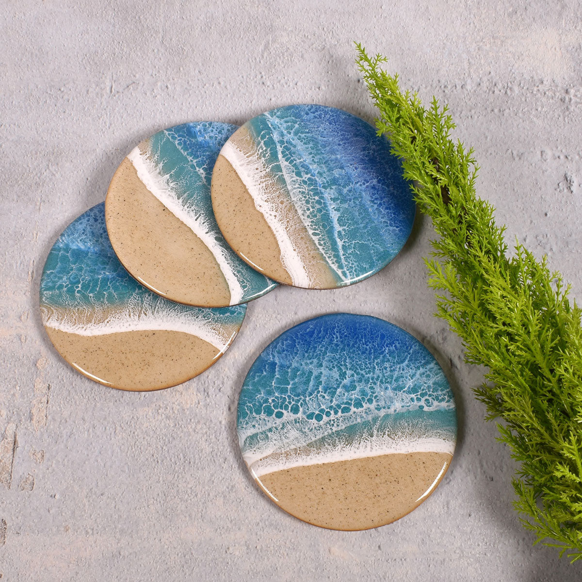 Sea Lion Studio Ocean Wave 4-piece Coaster Set, Tropica Blue, Handmade in the USA