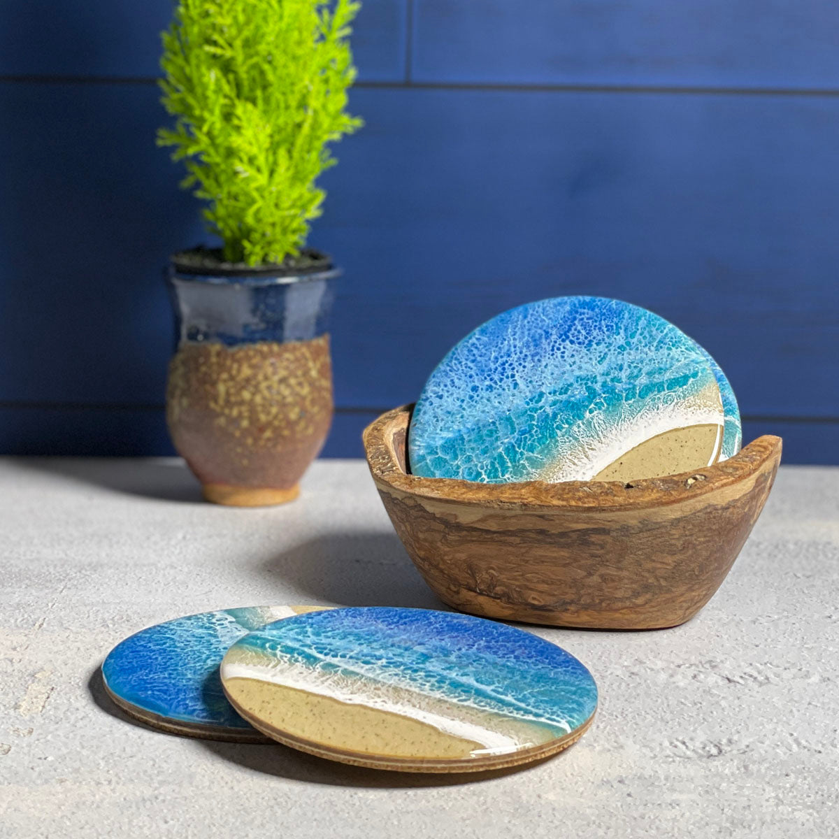 Sea Lion Studio Ocean Wave 4-piece Coaster Set, Tropica Blue, Handmade in the USA
