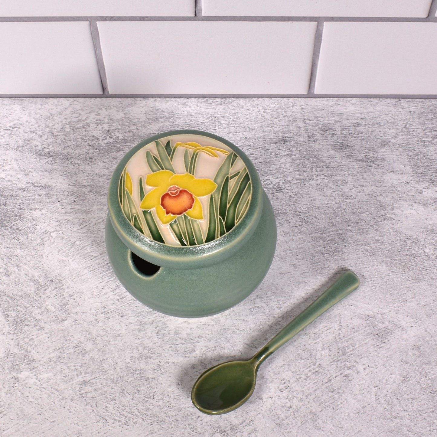 One Acre Ceramics Daffodil Sugar Bowl with Spoon, Handmade American Pottery, Green