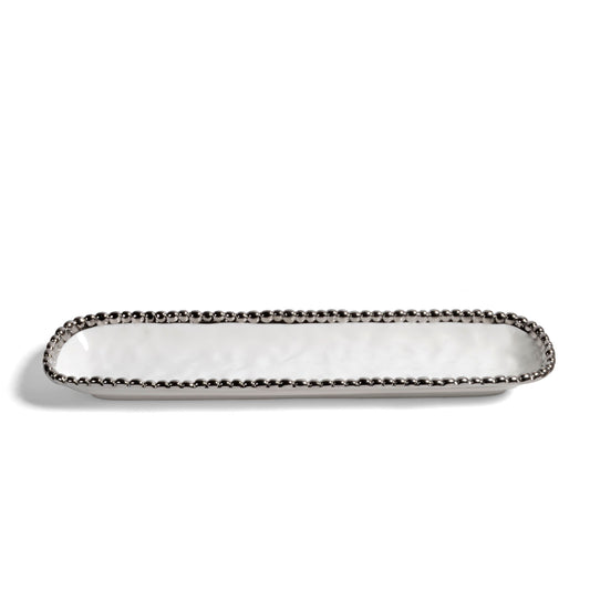 Pampa Bay Salerno Porcelain Cracker Tray with Titanium-Plated Border, White and Silver