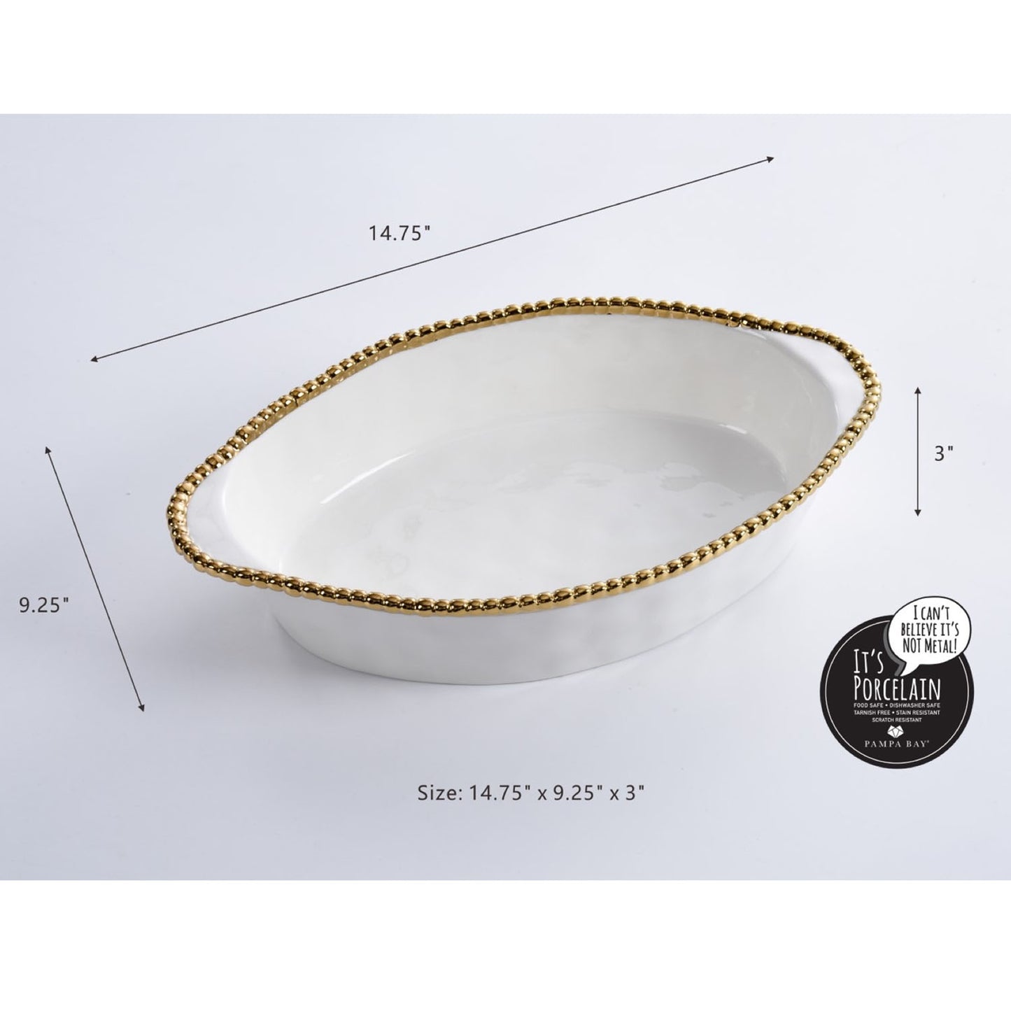 Pampa Bay Golden Salerno Oval Porcelain Baking Dish with Titanium Beaded Trim