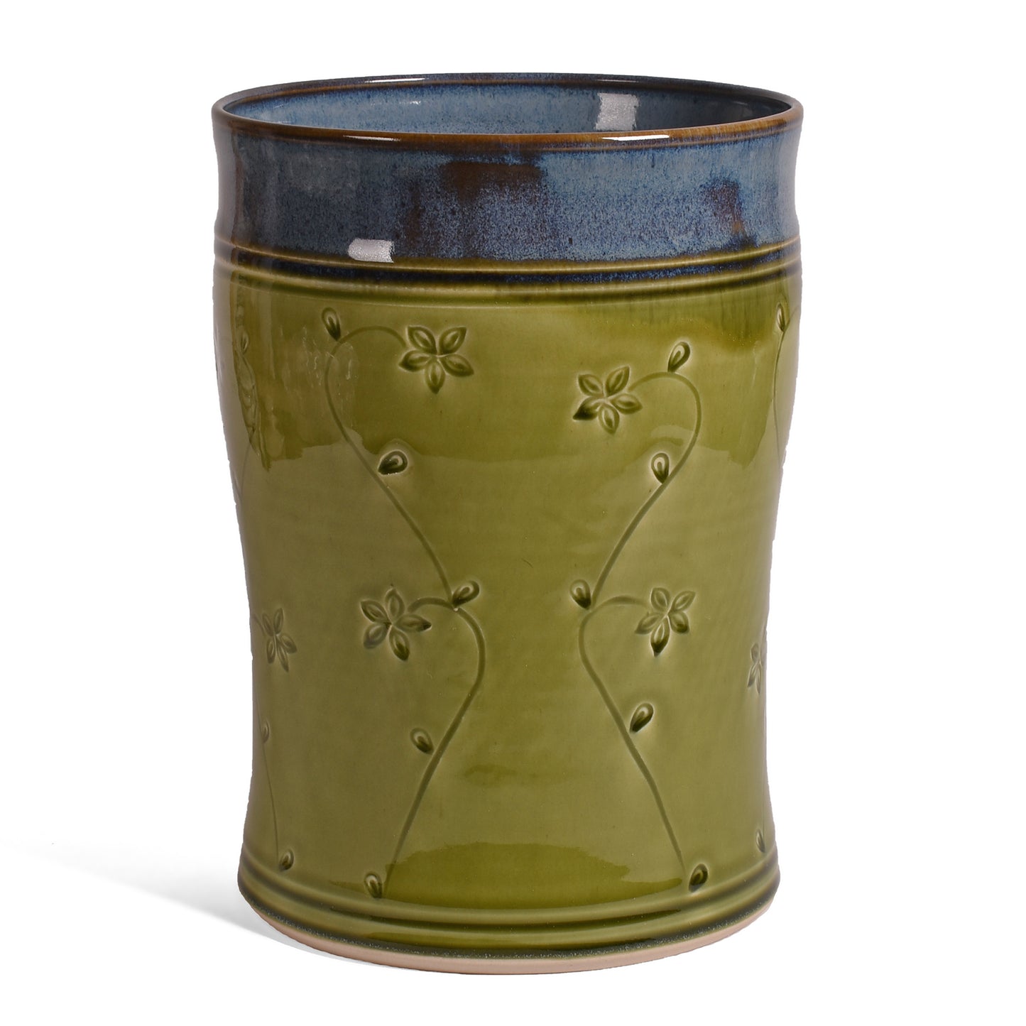Plays in Mud Wine Chiller Utensil Crock, Handmade American Pottery, Green Floral