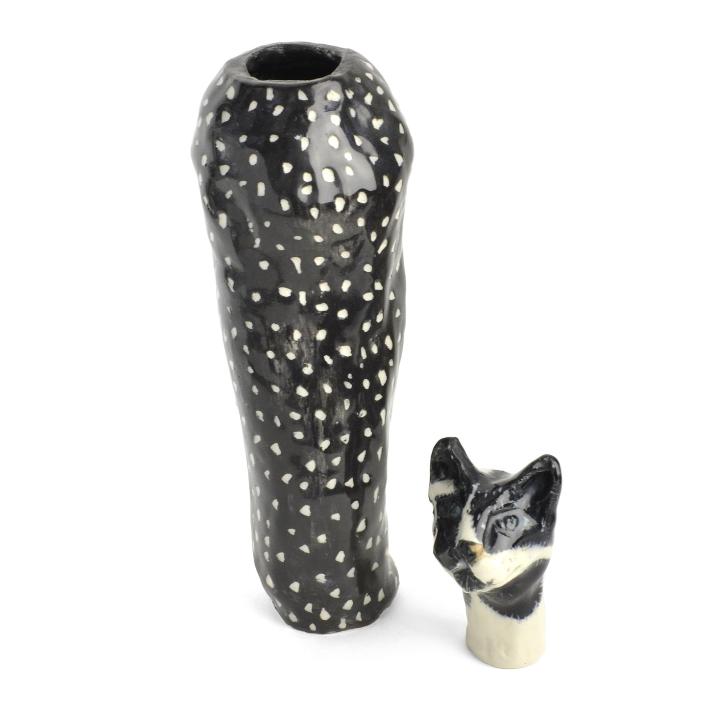 Red Cat Ceramics Pet Memorial, Tuxedo Cat with Black & White Dot Urn - The Barrington Garage