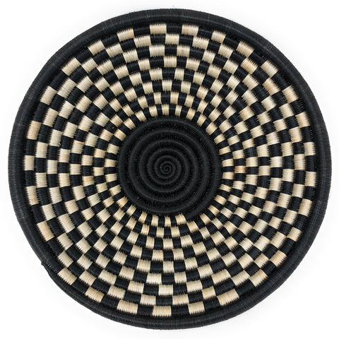 Handwoven Rwandan Checkered Sisal Basket, Black/Ivory