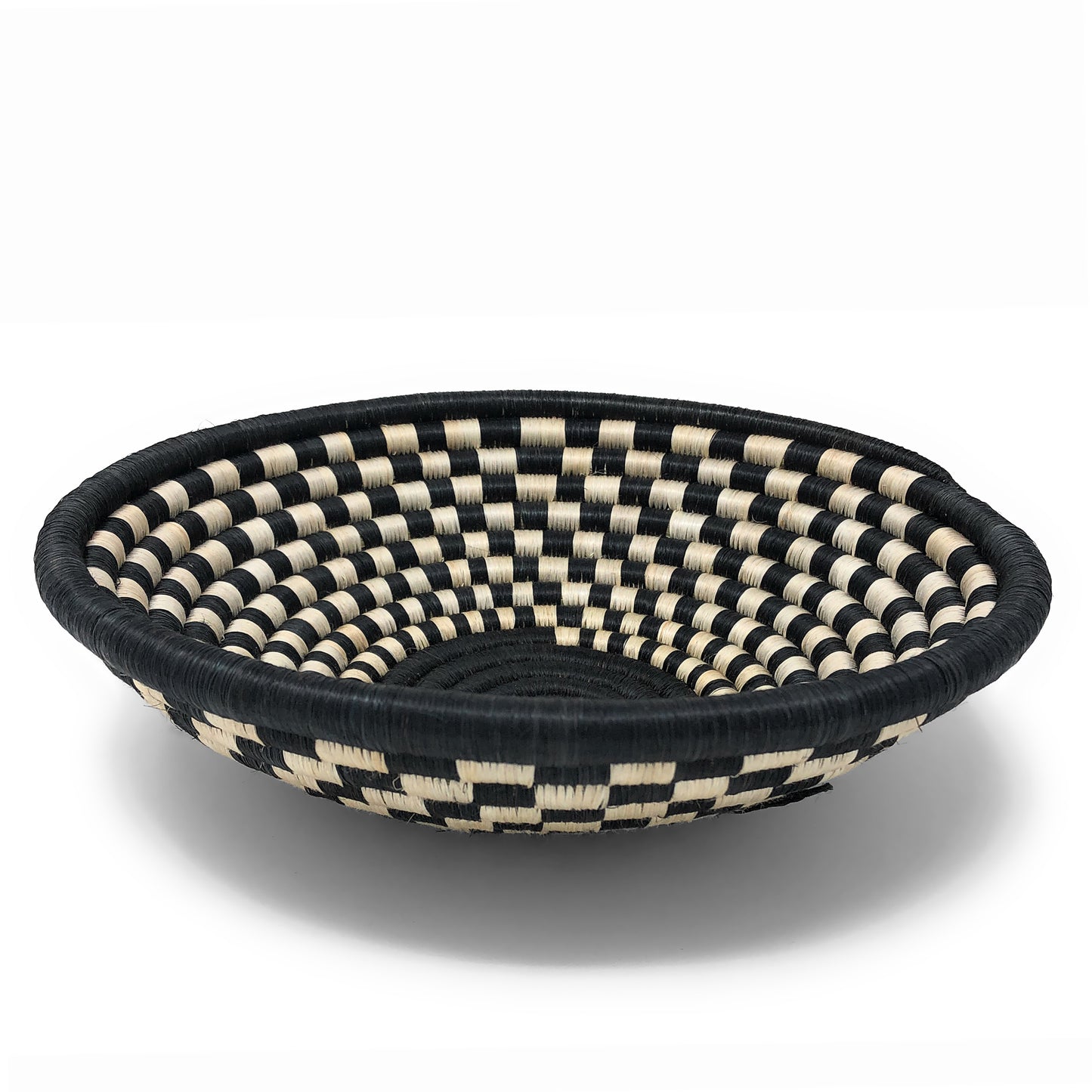 Handwoven Rwandan Checkered Sisal Basket, Black/Ivory