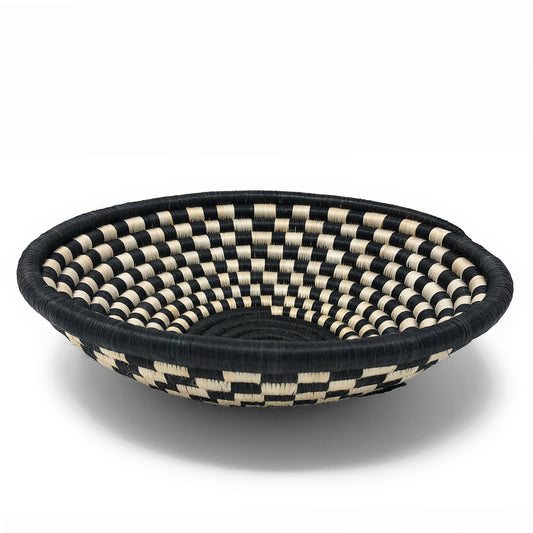 Handwoven Rwandan Checkered Sisal Basket, Black/Ivory