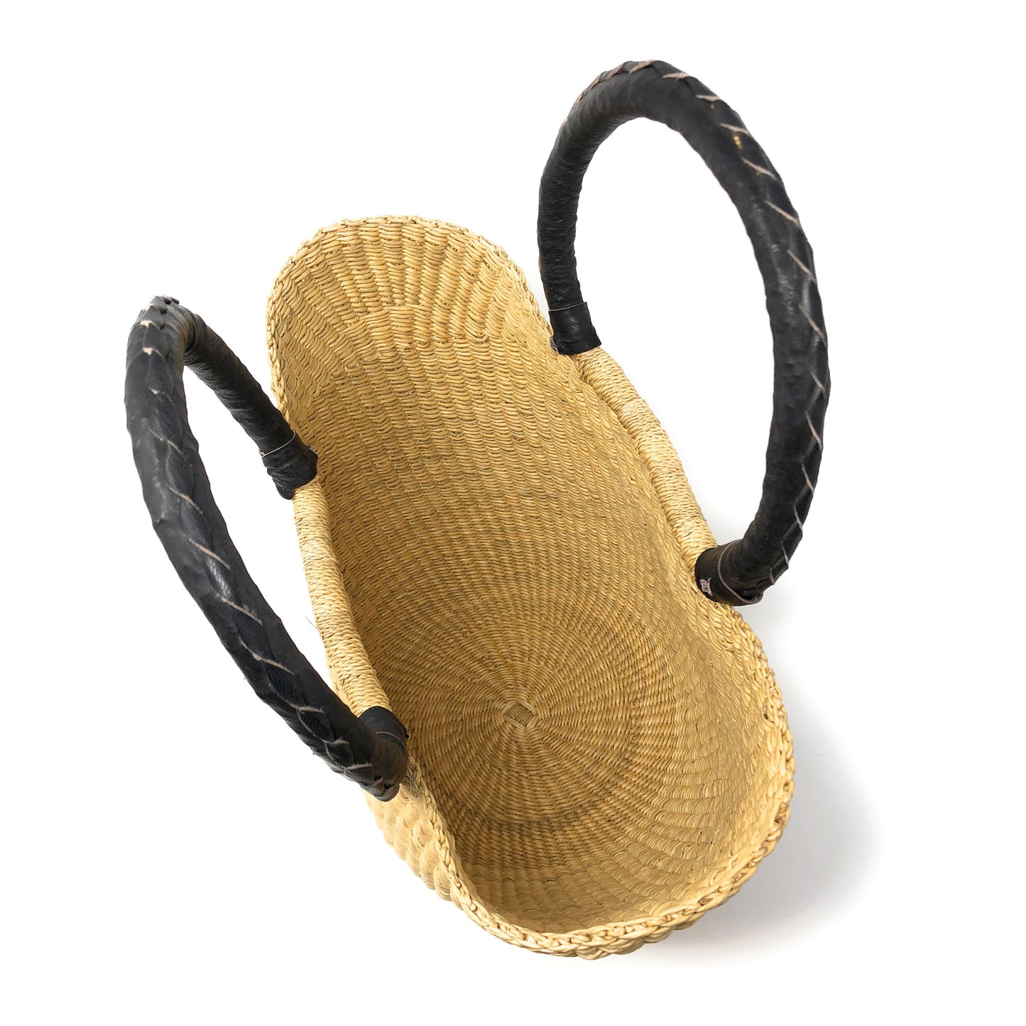 Bolga Handwoven Petite Wing Shopper Tote with Black Leather Handles