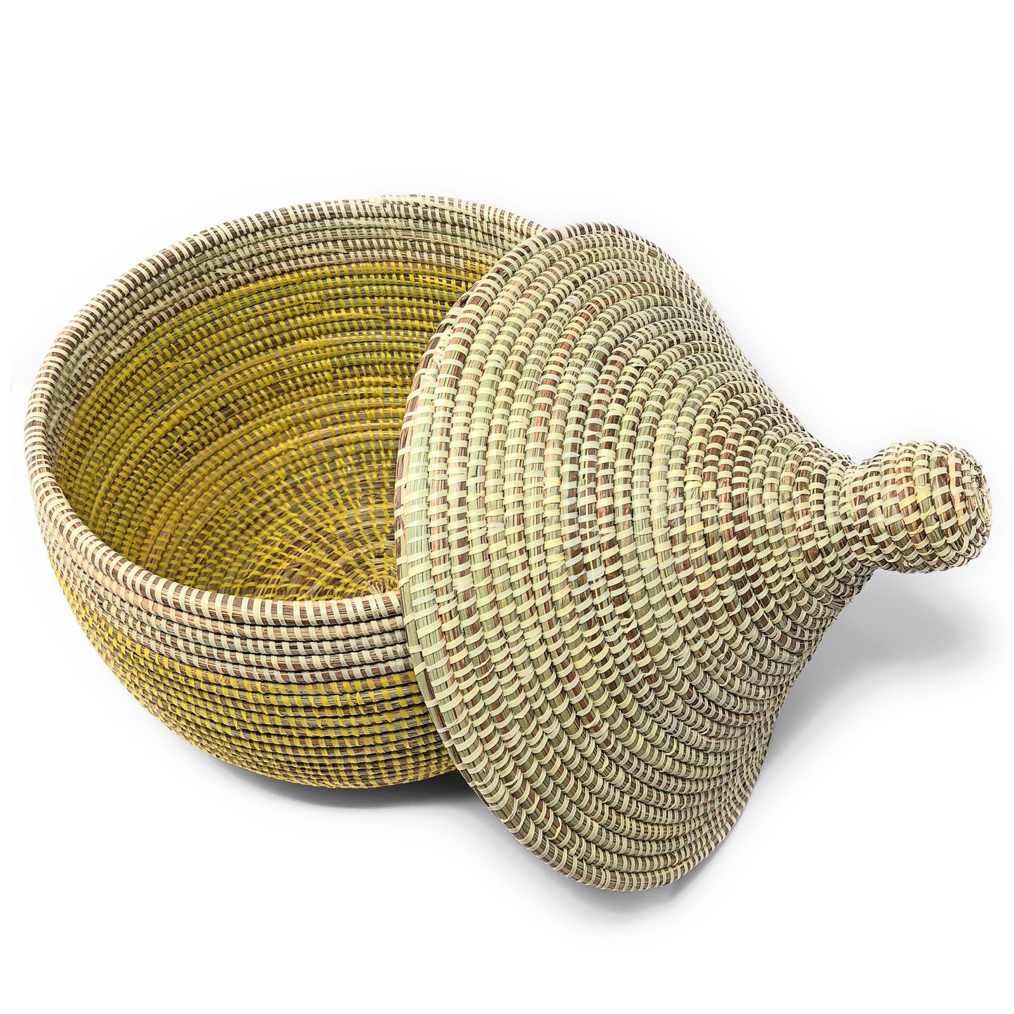 African Fair Trade Handwoven Lidded Warming Basket with Lid Off, Lemon Dipped Yellow
