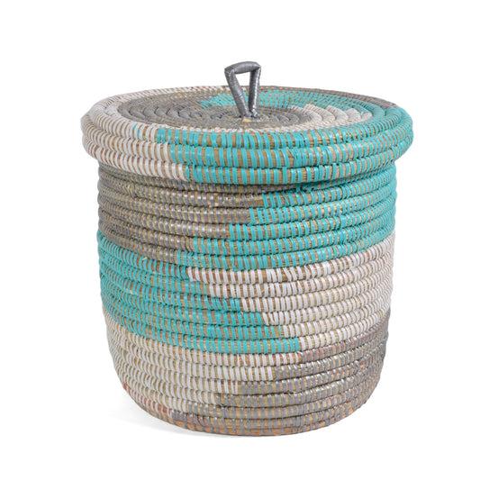 African Fair Trade Handwoven Small Lidded Basket, Silver/Aqua/White