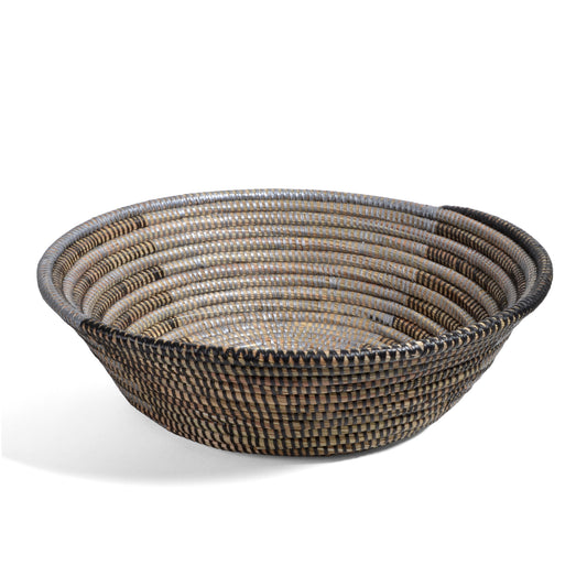 African Fair Trade Delta Handwoven Round Table Basket, Silver and Black