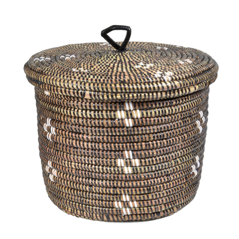 African Fair Trade Flowers Small Handwoven Lidded Basket, Black/White