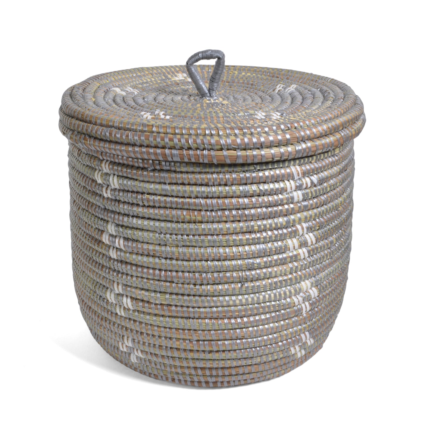 African Fair Trade Flowers Hand Woven Lidded Basket, Silver/White