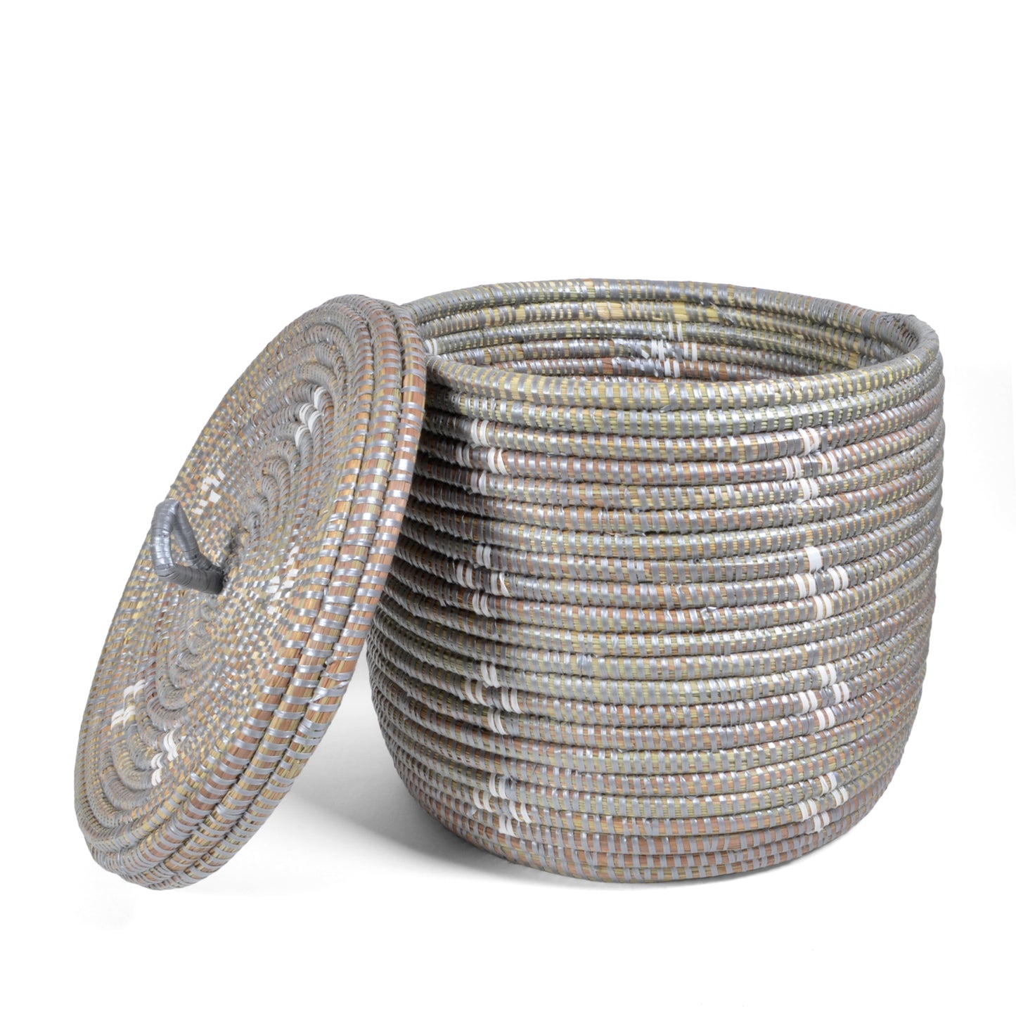 African Fair Trade Flowers Hand Woven Lidded Basket, Silver/White