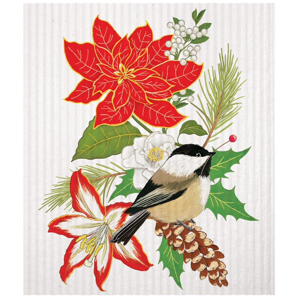 Mary Lake-Thompson Chickadee, Amaryllis, and Pine Sponge Cloth, Machine Washable, Biodegradable
