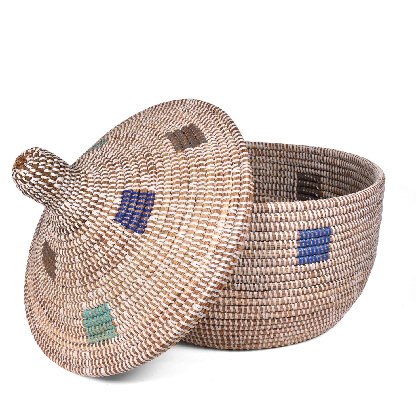 African Fair Trade Handwoven Warming Basket, White with Multicolor Squares