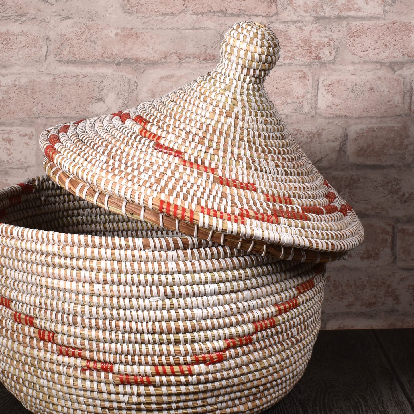 African Fair Trade Handwoven Warming Basket, White/Red