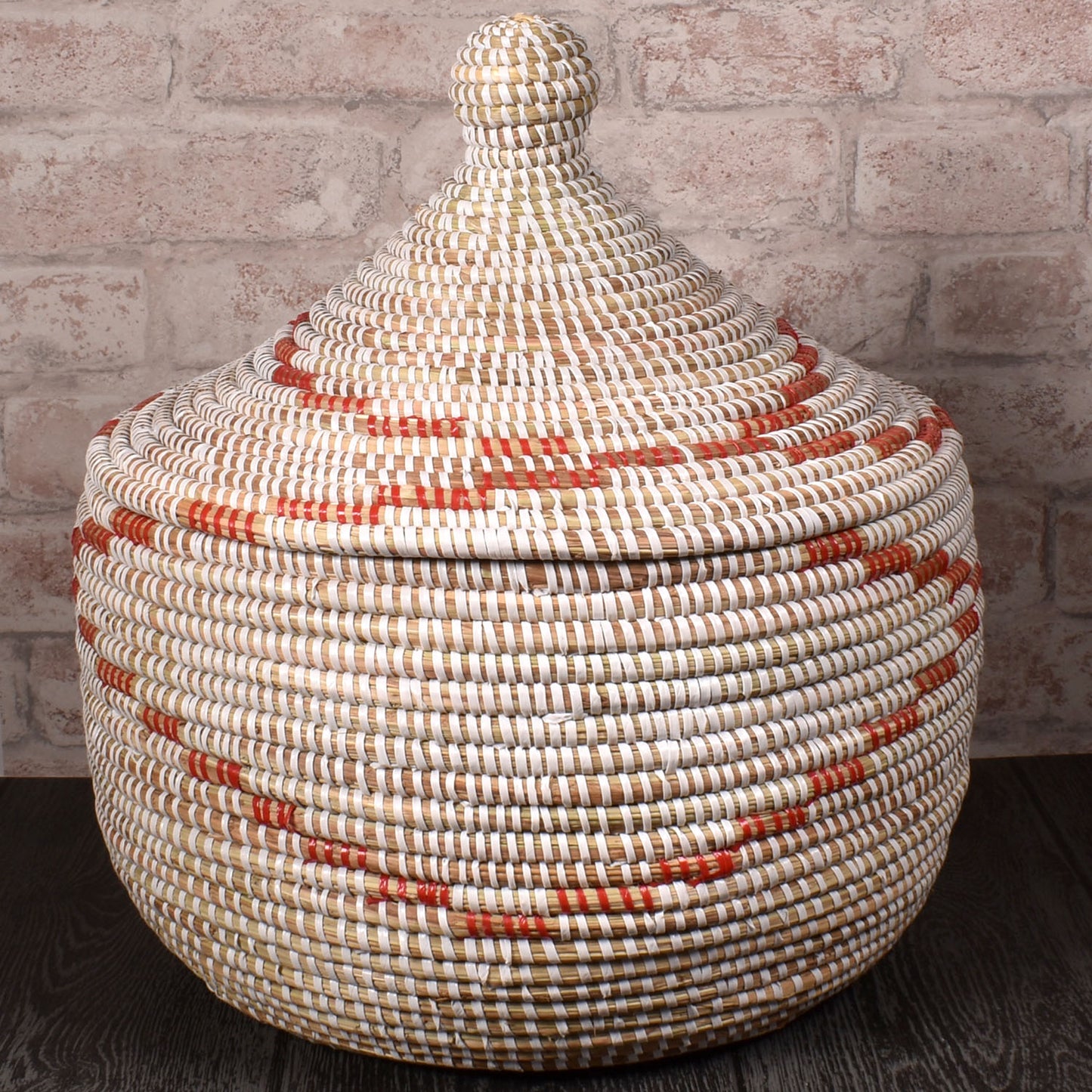African Fair Trade Handwoven Warming Basket, White/Red