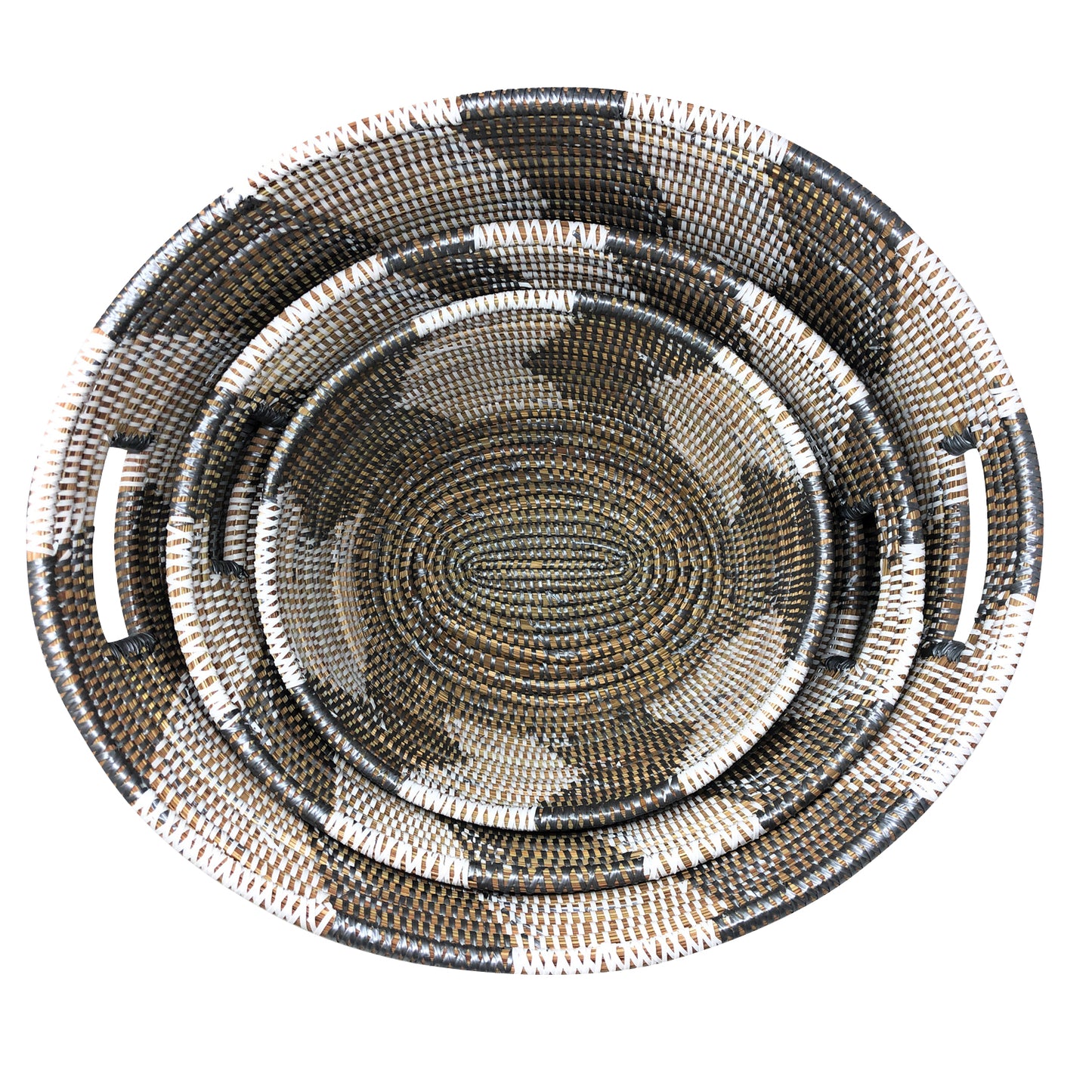 African Fair Trade Handwoven Zigzag Oval Nesting Baskets, Silver/White, Set of 3