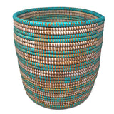 African Fair Trade 13-inch Handwoven Open Hamper Basket, Aqua/White