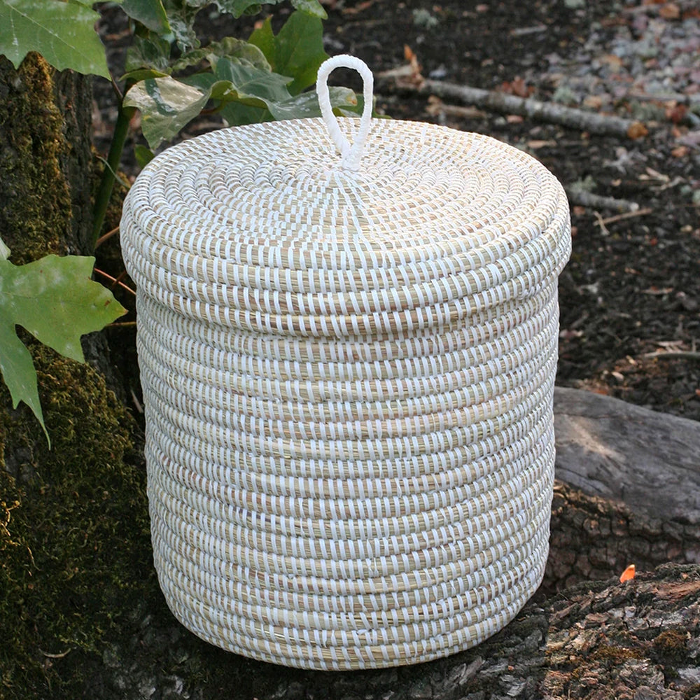 Fair Trade Handwoven Lidded Basket from Senegal, Medium, White