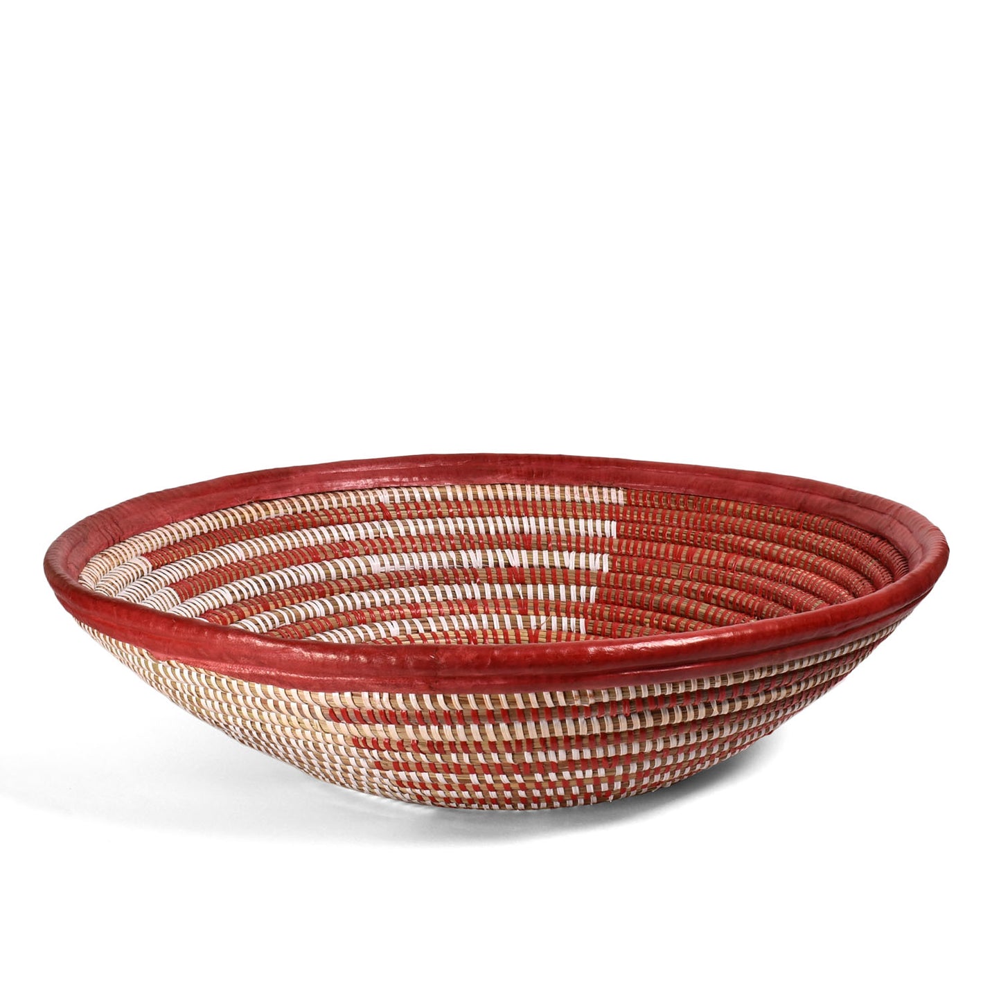 African Fair Trade Handwoven 16-inch Zephyr Design Bowl Basket with Leather Trim, Red/White