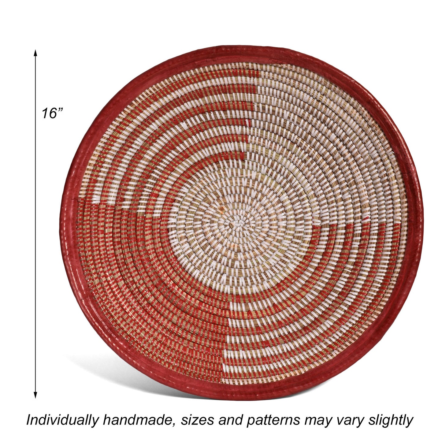 African Fair Trade Handwoven 16-inch Zephyr Design Bowl Basket with Leather Trim, Red/White