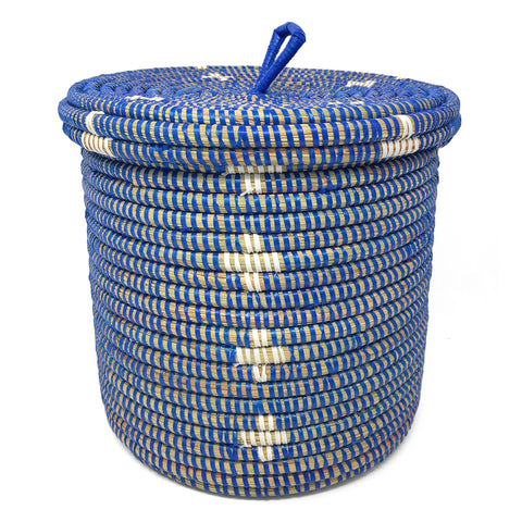African Fair Trade Handwoven 10-inch Lidded Basket, Blue with White Blossoms