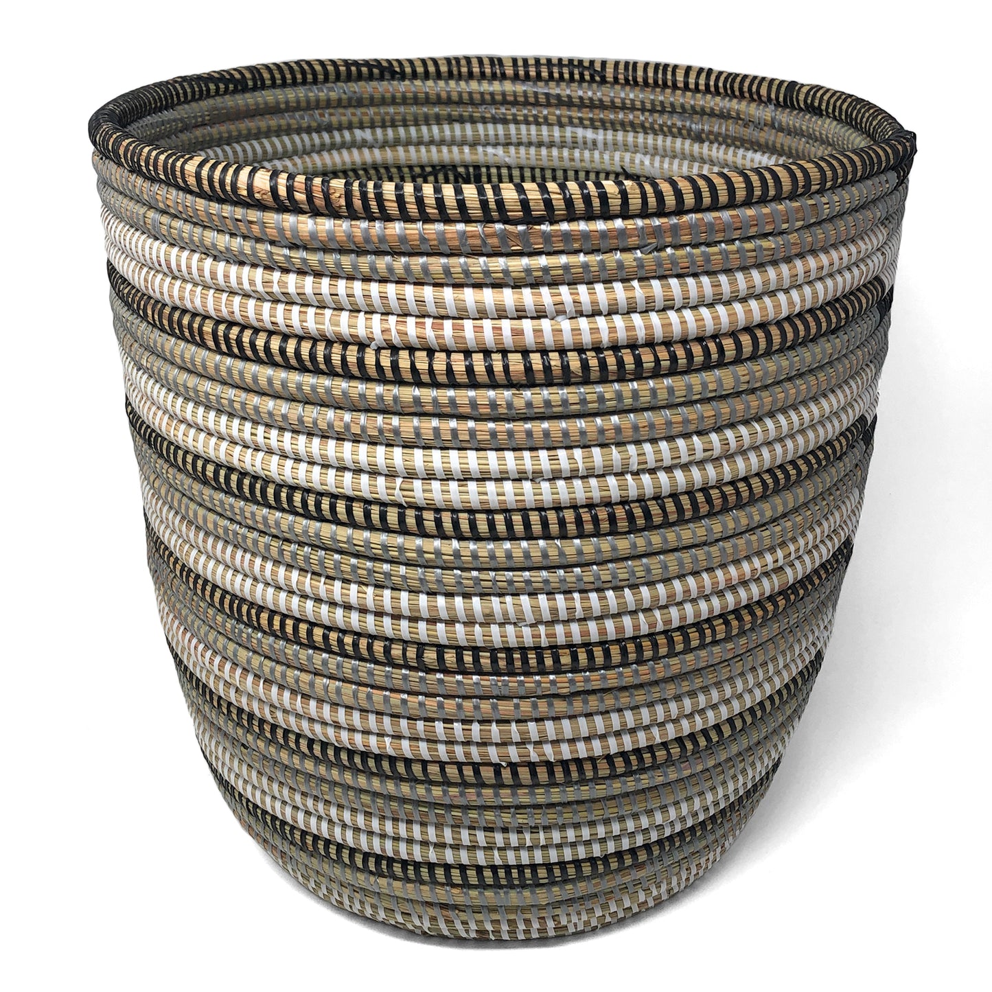 African Fair Trade 13-inch Handwoven Open Hamper Basket, Black/Silver/White