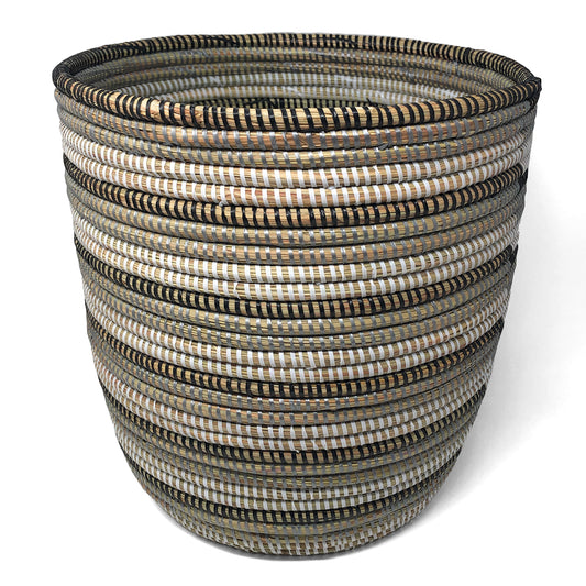 African Fair Trade 13-inch Handwoven Open Hamper Basket, Black/Silver/White