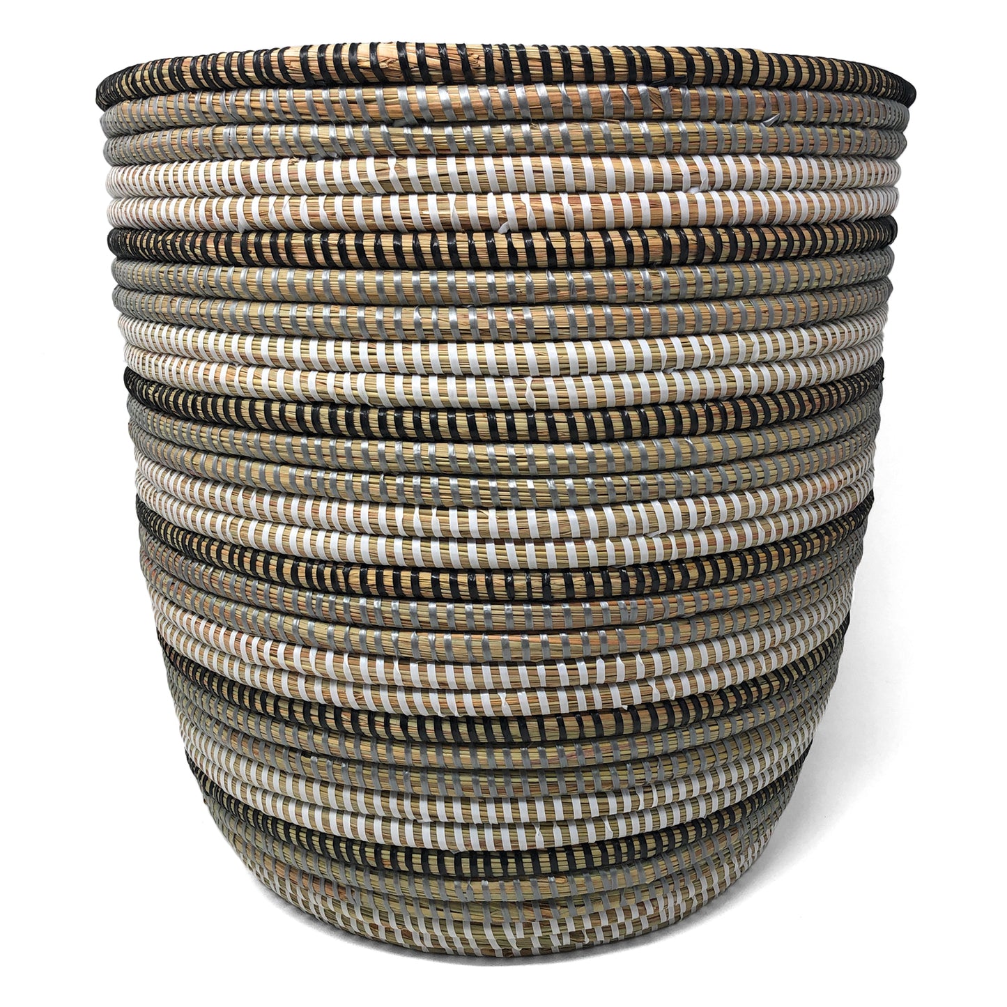 African Fair Trade 13-inch Handwoven Open Hamper Basket, Black/Silver/White