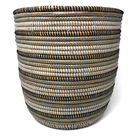 African Fair Trade 13-inch Handwoven Open Hamper Basket, Black/Silver/White