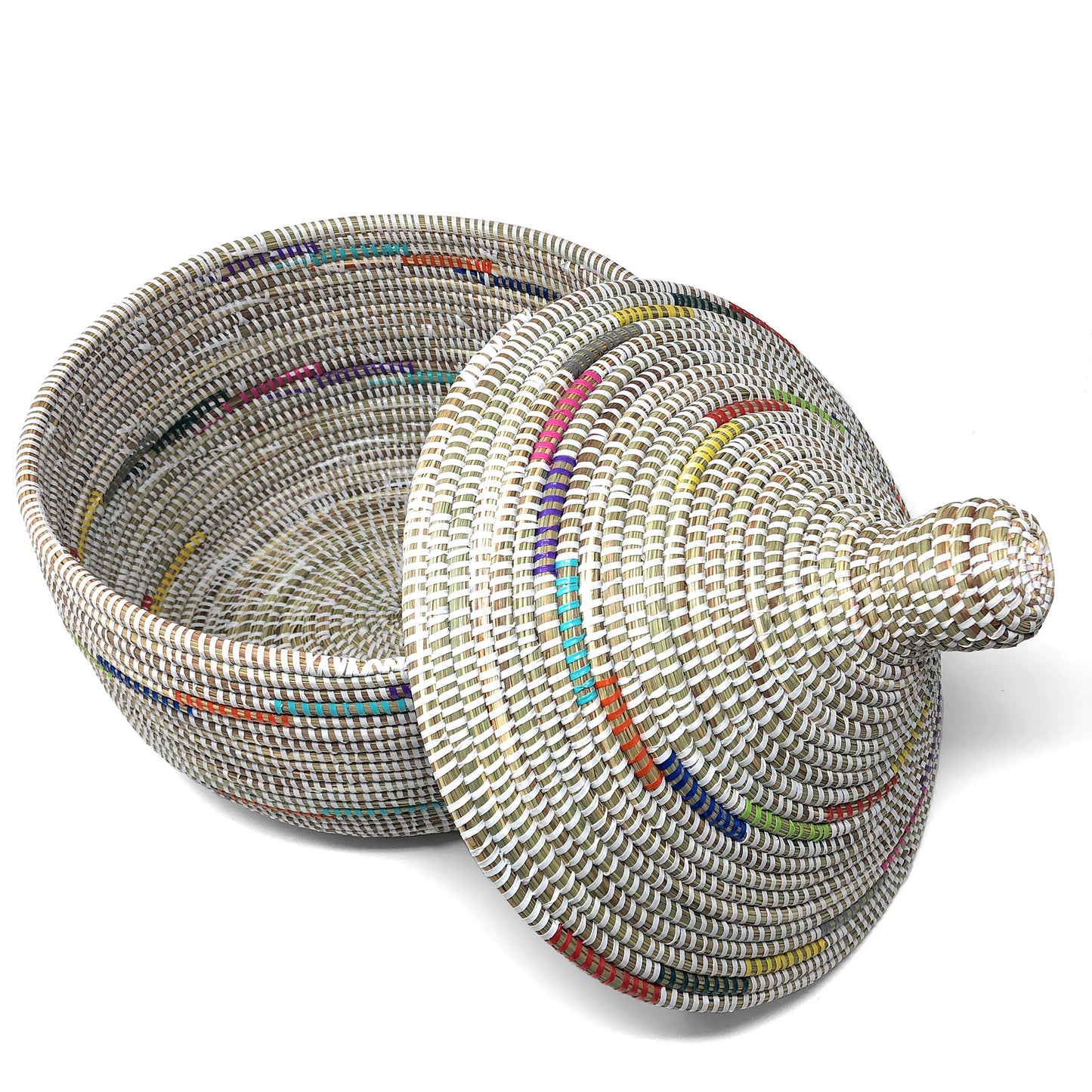 African Fair Trade Handwoven Warming Basket, White with Rainbow Spiral